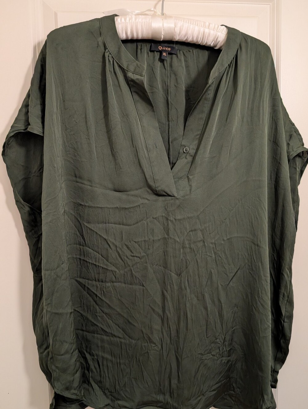 Quince Washable Stretch Silk Dolman Sleeve Blouse in Basil Green, Lightly Loved